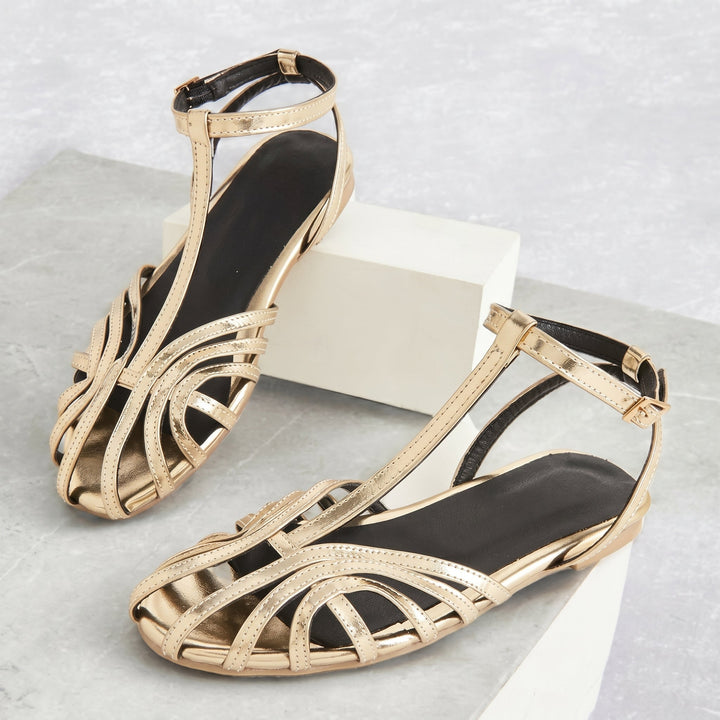 Alice - Women's T - Bar Flat Sandals with Buckle Ankle Strap - Sandals - Grey - Davies & Cooper