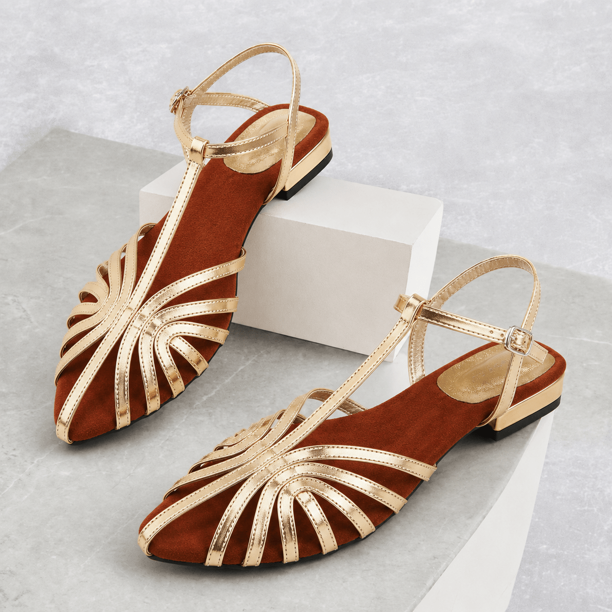 Alice - Women's T-Bar Flat Sandals with Buckle Ankle Strap - Sandals - Gold - Davies & Cooper