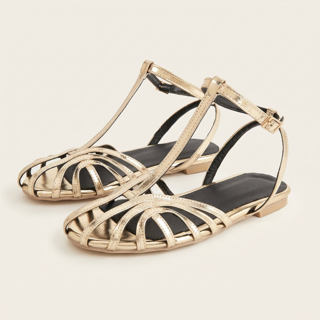 Alice - Women's T - Bar Flat Sandals with Buckle Ankle Strap - Sandals - Grey - Davies & Cooper