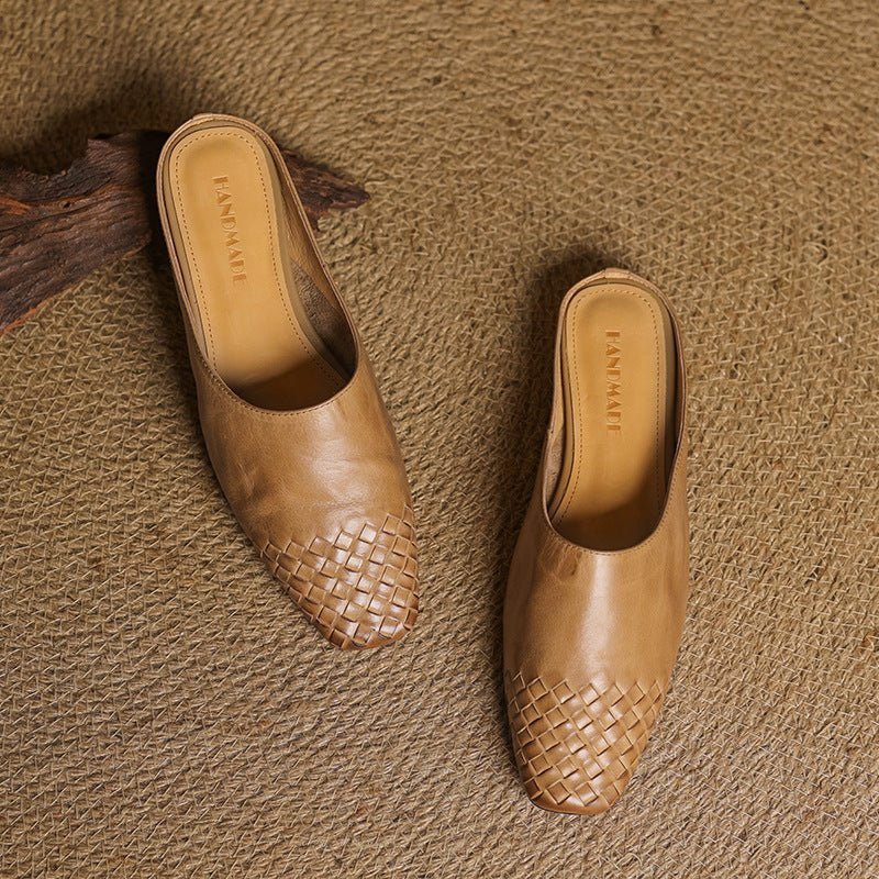 Alice - Women's Woven Toe Cap Flat Mules - Sandal - Khaki - Davies & Cooper