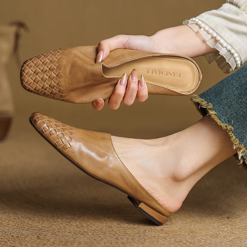 Alice - Women's Woven Toe Cap Flat Mules - Sandal - Khaki - Davies & Cooper