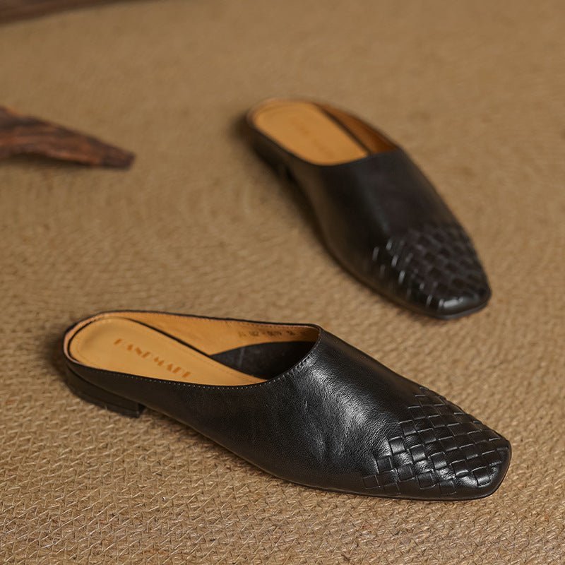 Alice - Women's Woven Toe Cap Flat Mules - Sandal - Black - Davies & Cooper