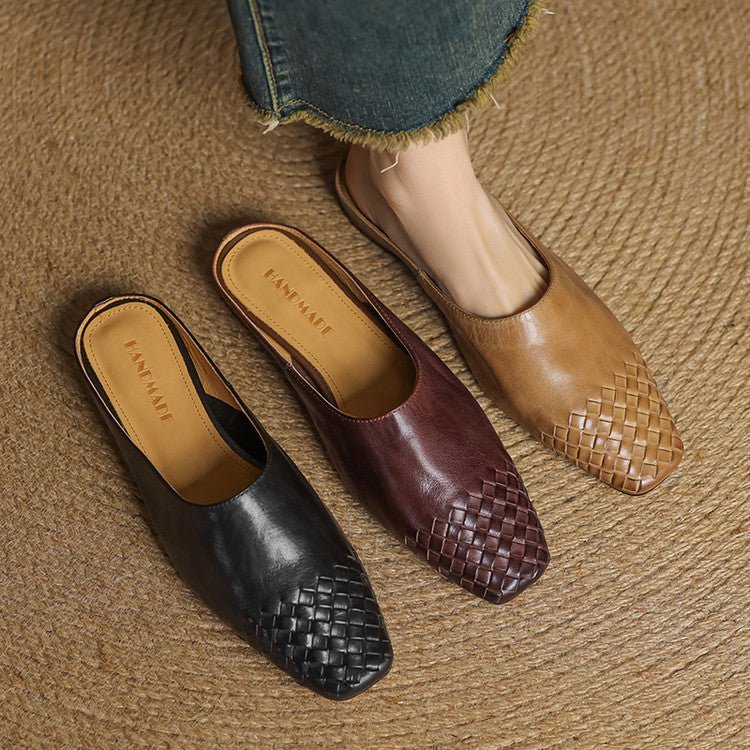 Alice - Women's Woven Toe Cap Flat Mules - Sandal - Black - Davies & Cooper