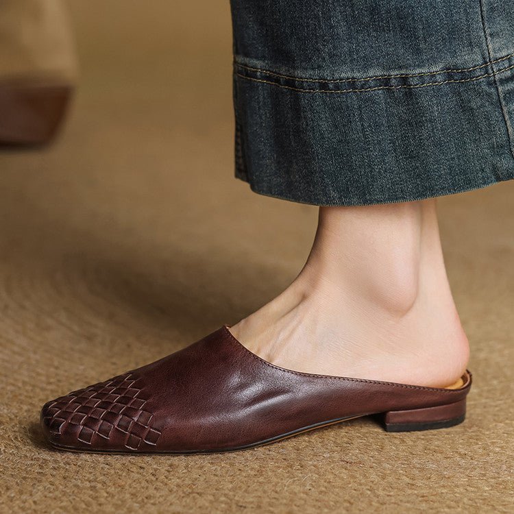 Alice - Women's Woven Toe Cap Flat Mules - Sandal - Brown - Davies & Cooper