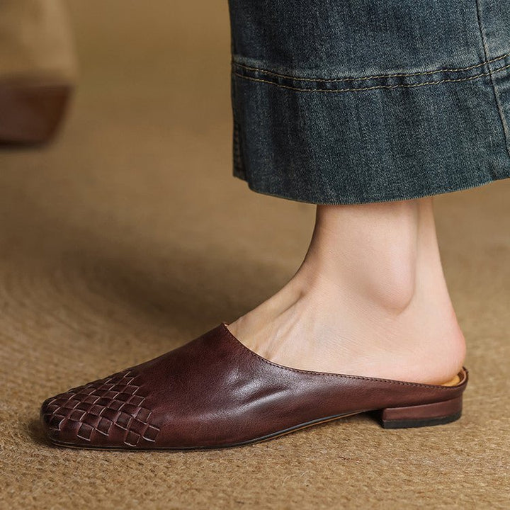 Alice - Women's Woven Toe Cap Flat Mules - Sandal - Brown - Davies & Cooper