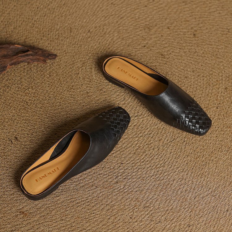 Alice - Women's Woven Toe Cap Flat Mules - Sandal - Black - Davies & Cooper