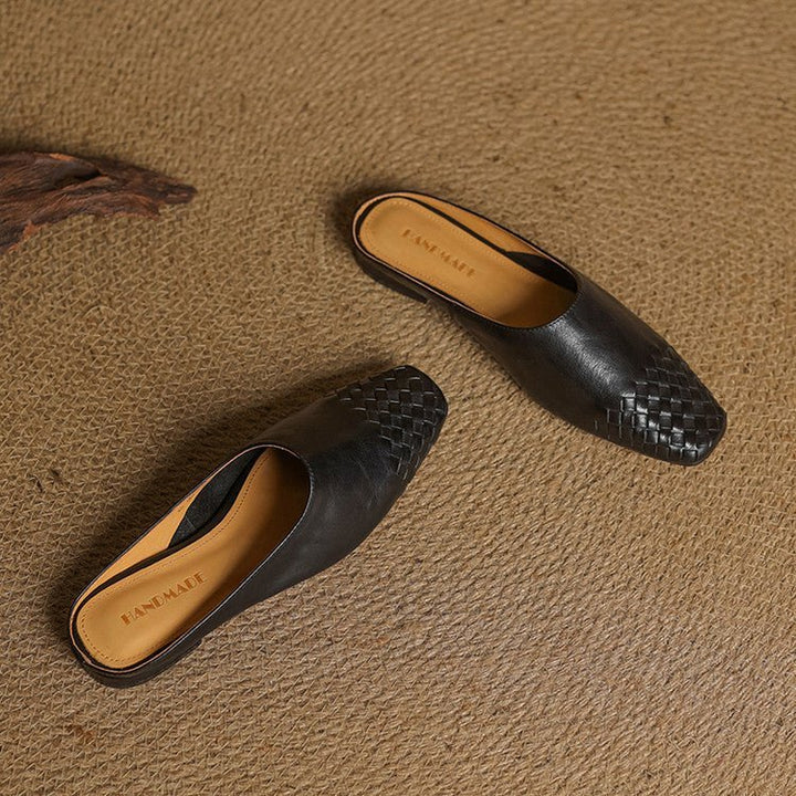 Alice - Women's Woven Toe Cap Flat Mules - Sandal - Black - Davies & Cooper
