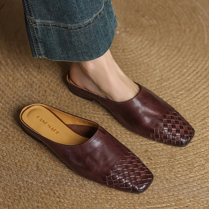 Alice - Women's Woven Toe Cap Flat Mules - Sandal - Brown - Davies & Cooper