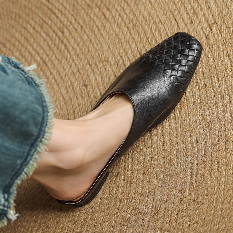 Alice - Women's Woven Toe Cap Flat Mules - Sandal - Black - Davies & Cooper