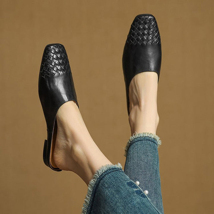 Alice - Women's Woven Toe Cap Flat Mules - Sandal - Black - Davies & Cooper