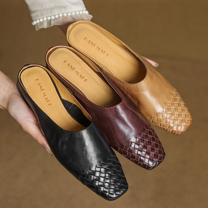 Alice - Women's Woven Toe Cap Flat Mules - Sandal - Black - Davies & Cooper