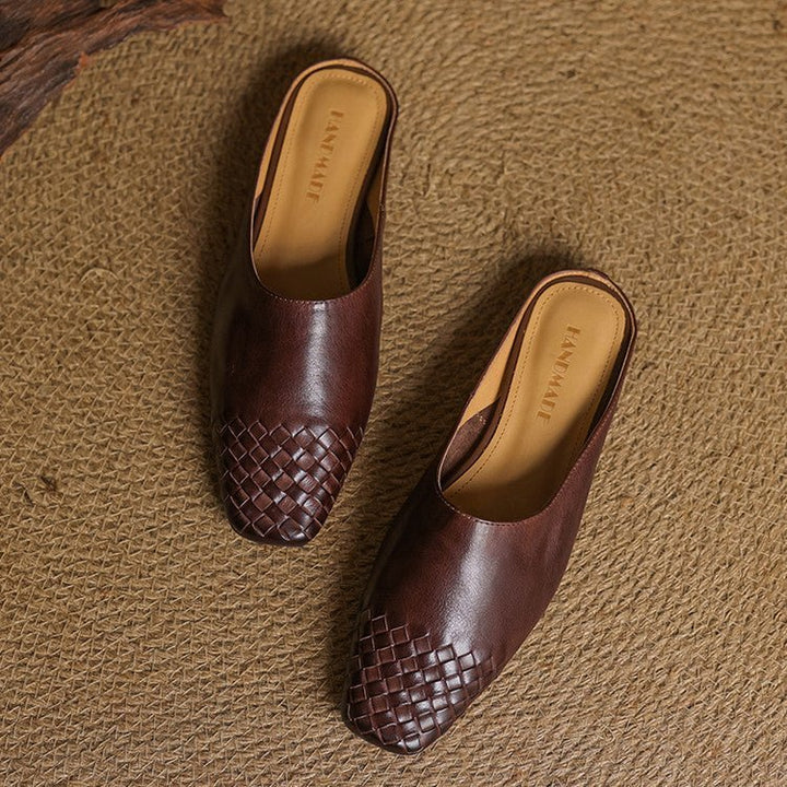 Alice - Women's Woven Toe Cap Flat Mules - Sandal - Brown - Davies & Cooper