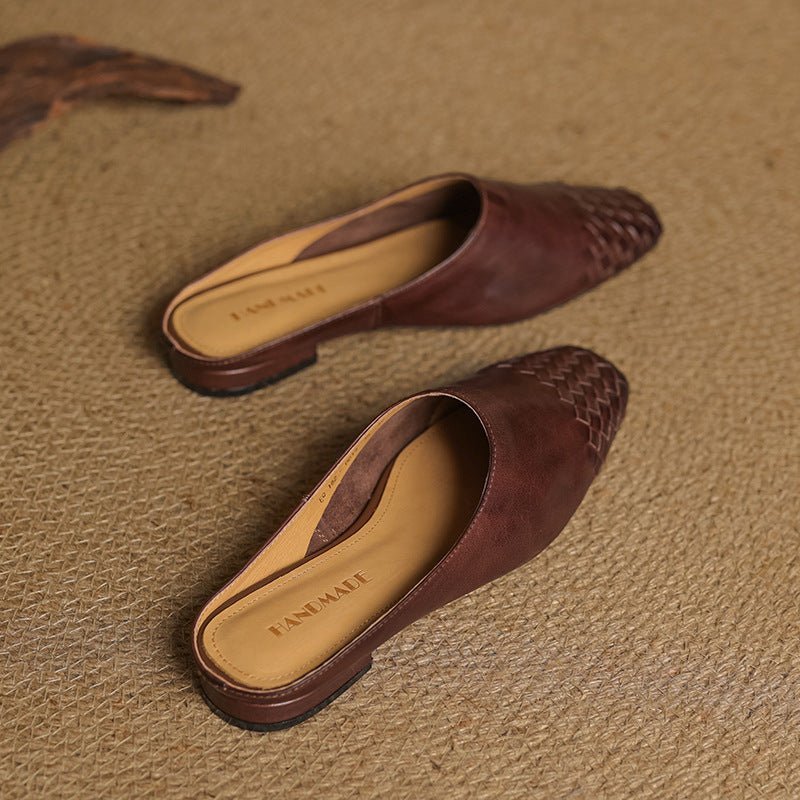 Alice - Women's Woven Toe Cap Flat Mules - Sandal - Brown - Davies & Cooper