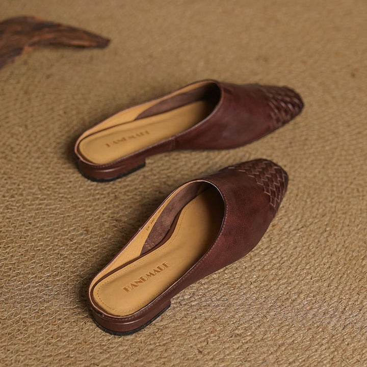 Alice - Women's Woven Toe Cap Flat Mules - Sandal - Brown - Davies & Cooper