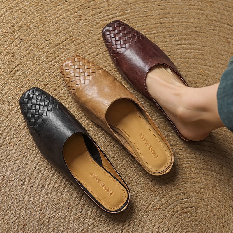 Alice - Women's Woven Toe Cap Flat Mules - Sandal - Black - Davies & Cooper