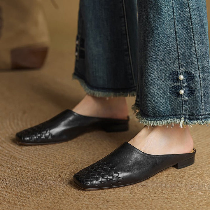 Alice - Women's Woven Toe Cap Flat Mules - Sandal - Black - Davies & Cooper