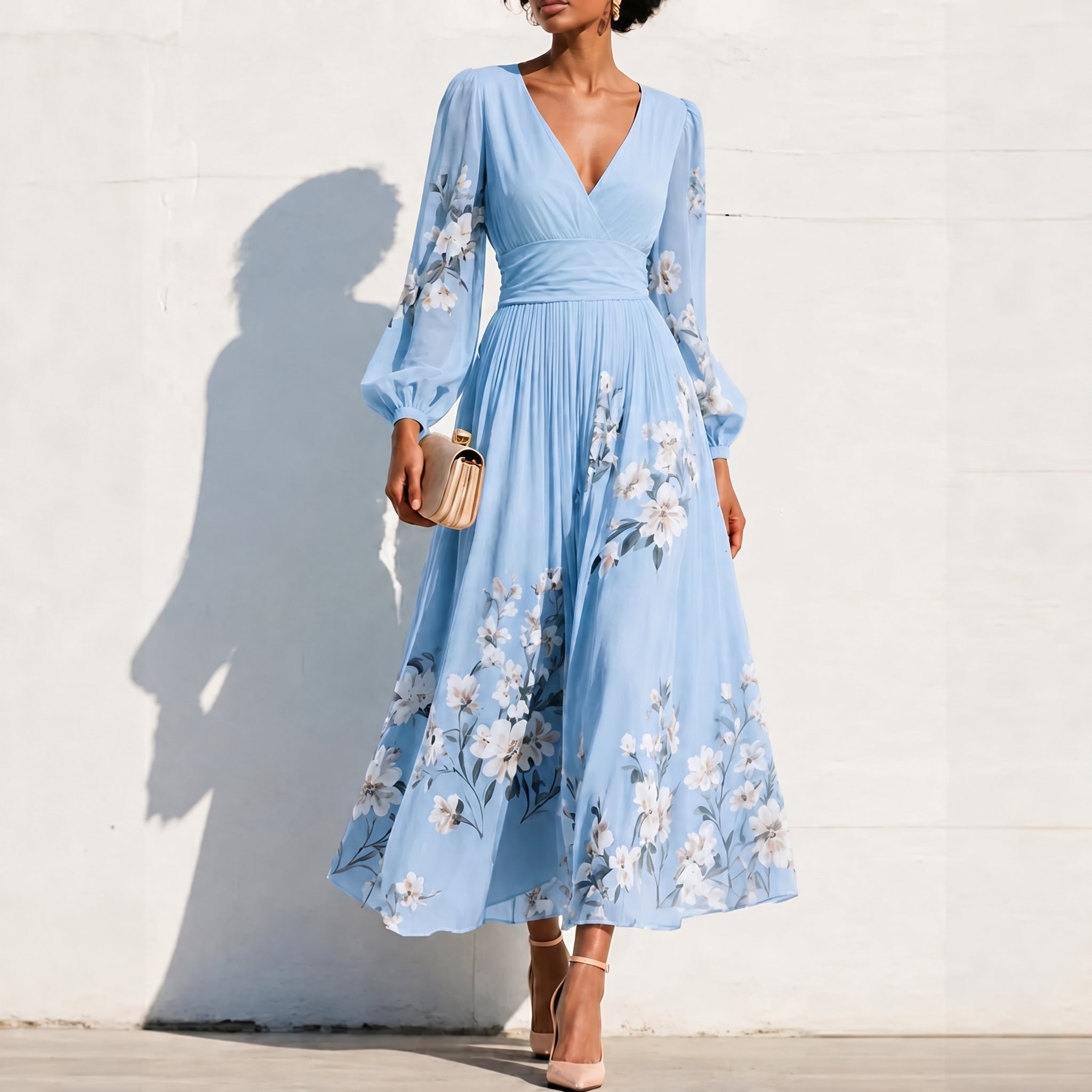 Alina - Women's Wedding Guest Floral Puff Sleeve Midi Dress - Dresses - Blue - Davies & Cooper