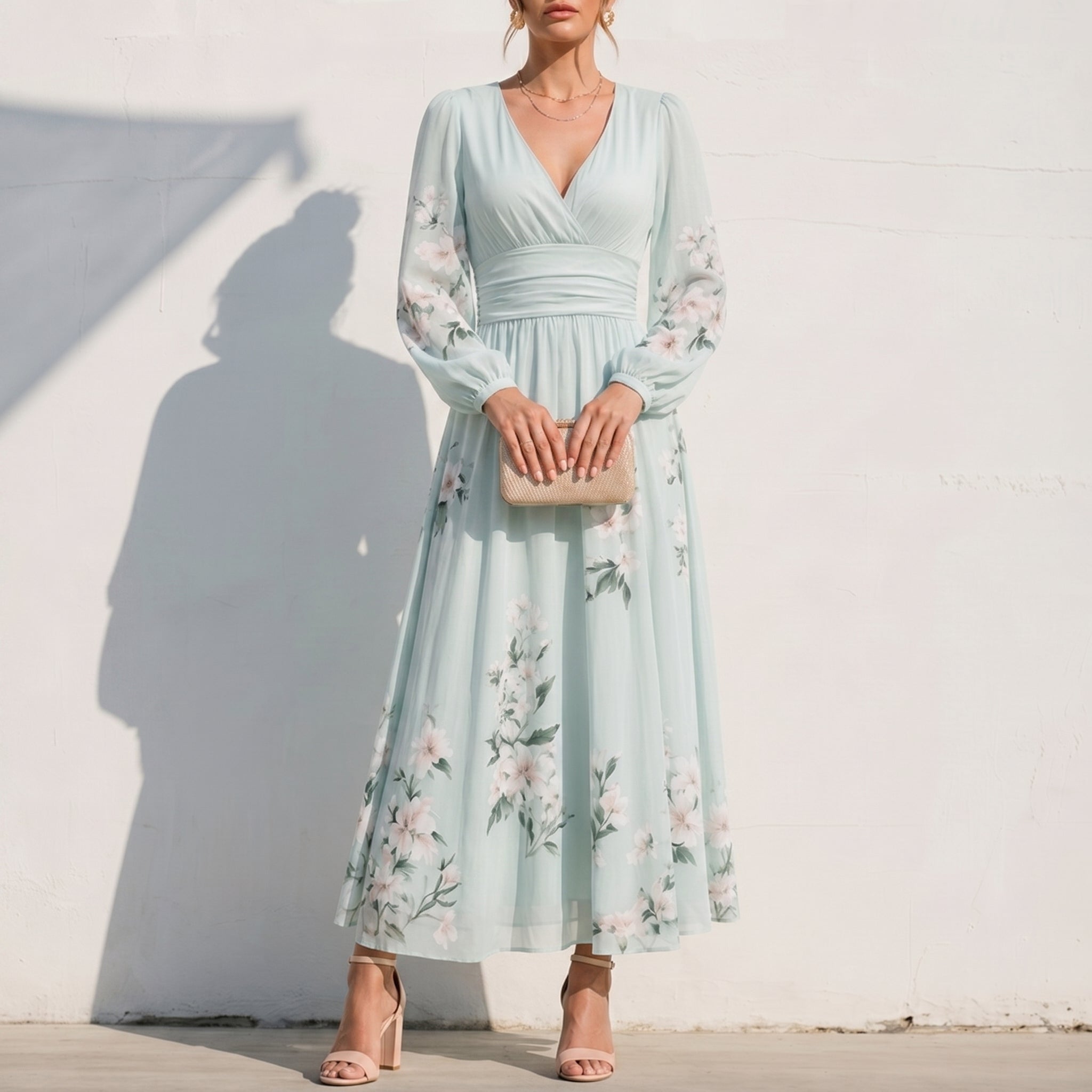 Alina - Women's Wedding Guest Floral Puff Sleeve Midi Dress - Dresses - Light Green - Davies & Cooper