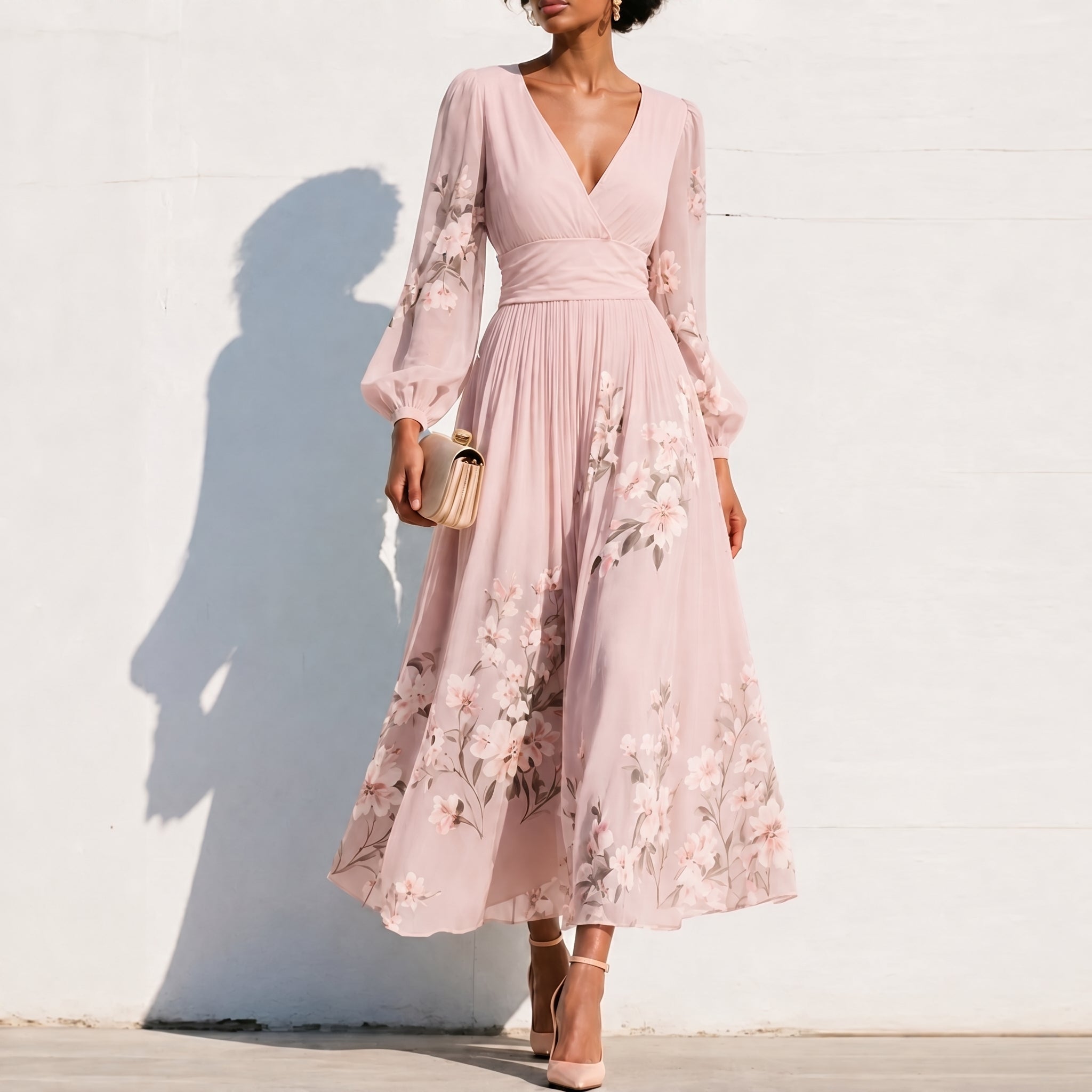 Alina - Women's Wedding Guest Floral Puff Sleeve Midi Dress - Dresses - Pink - Davies & Cooper