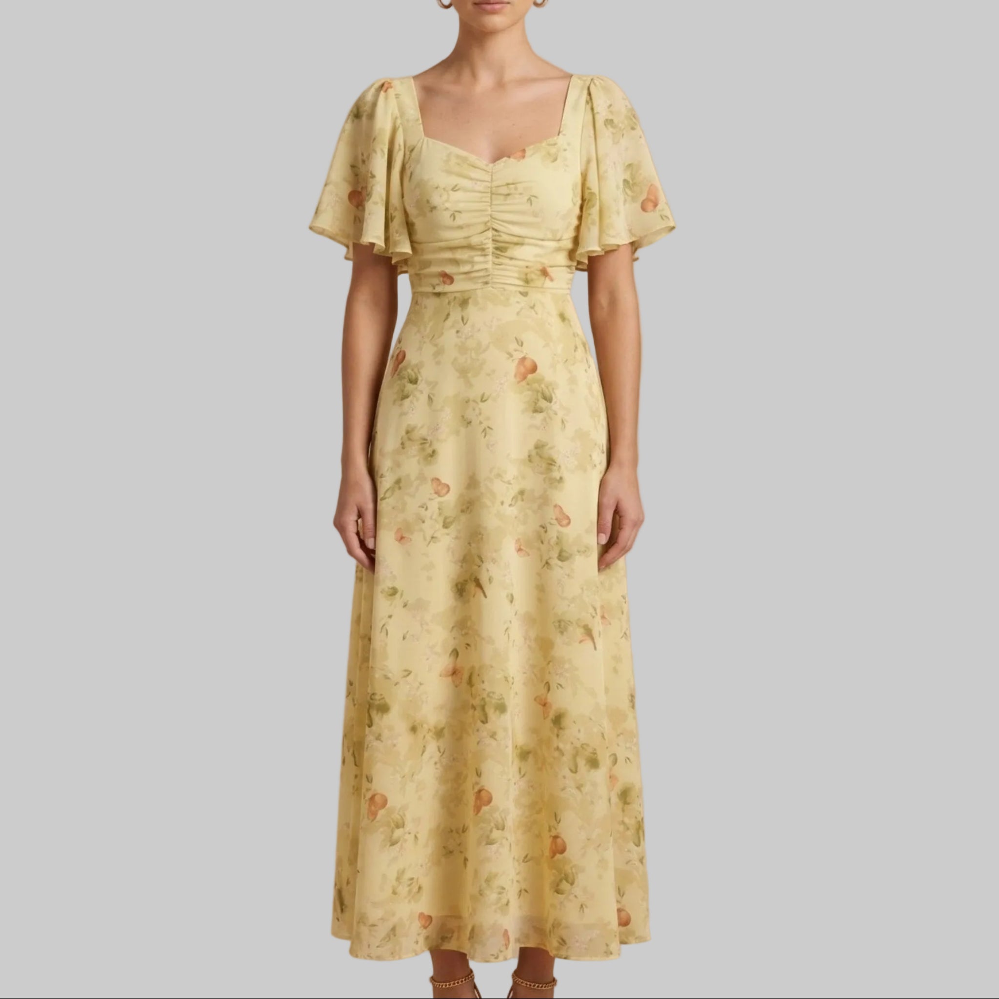 Alma - Women's Wedding Guest Vintage Floral Midi Dress - Dresses - Yellow - Davies & Cooper