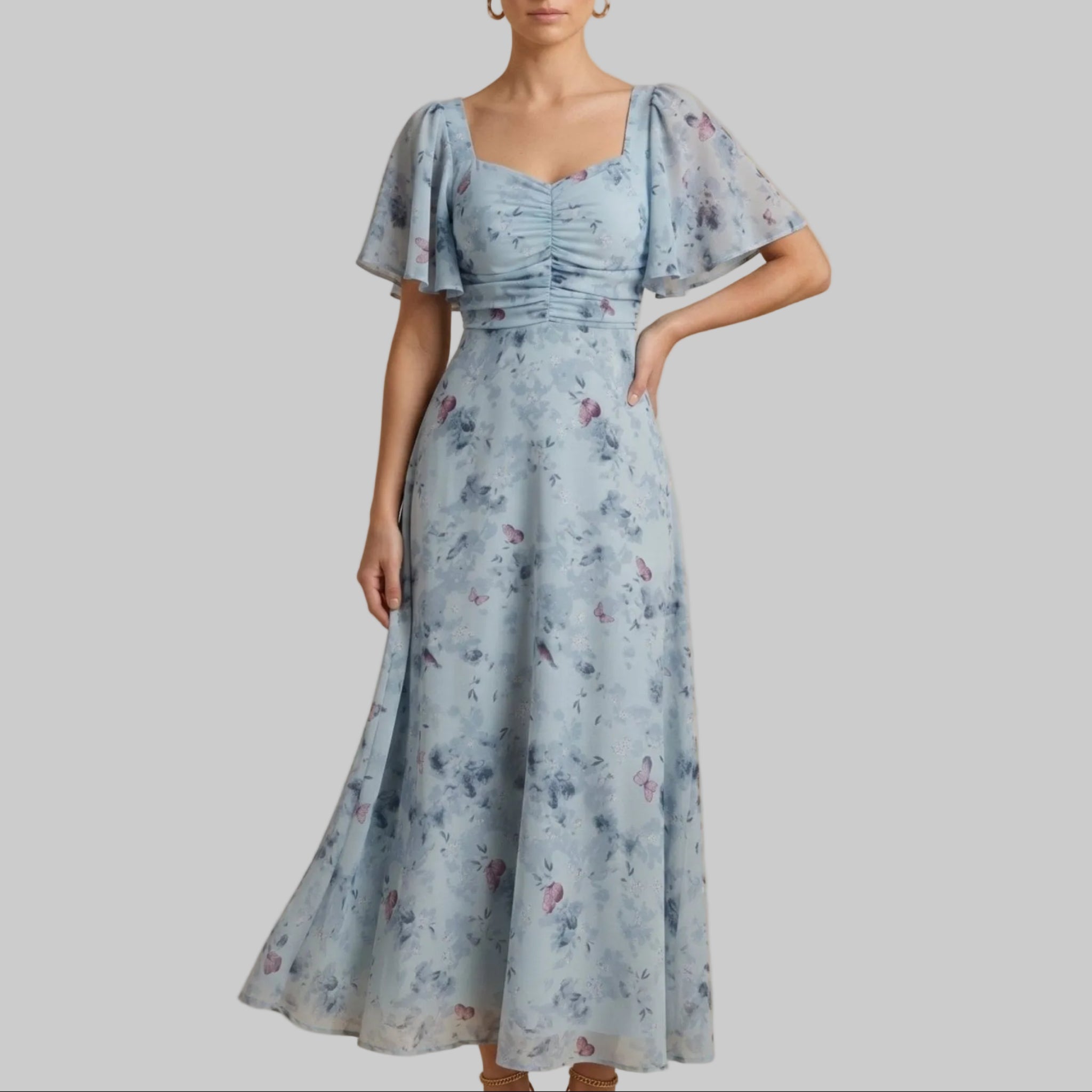 Alma - Women's Wedding Guest Vintage Floral Midi Dress - Dresses - Light Blue - Davies & Cooper
