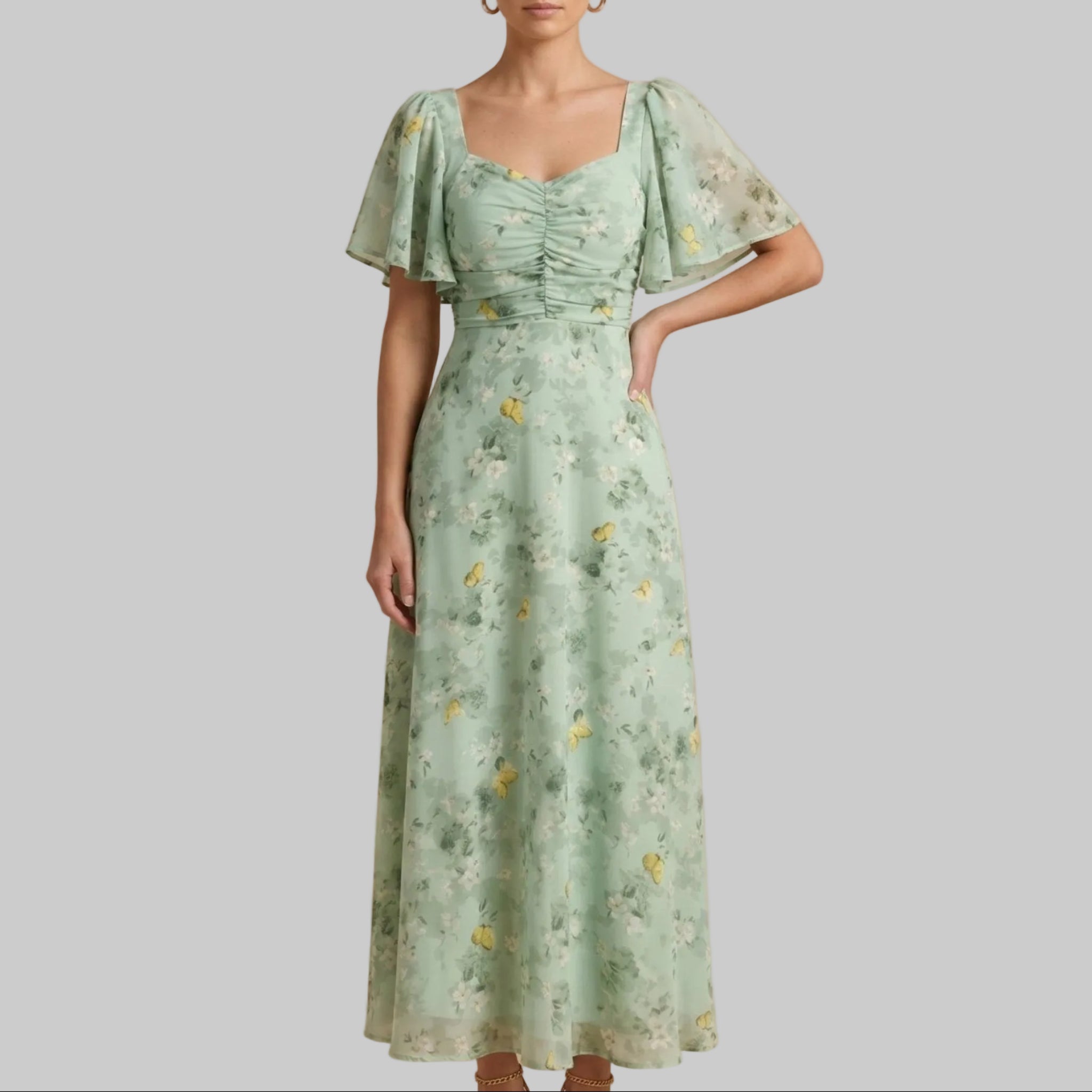 Alma - Women's Wedding Guest Vintage Floral Midi Dress - Dresses - Light Green - Davies & Cooper
