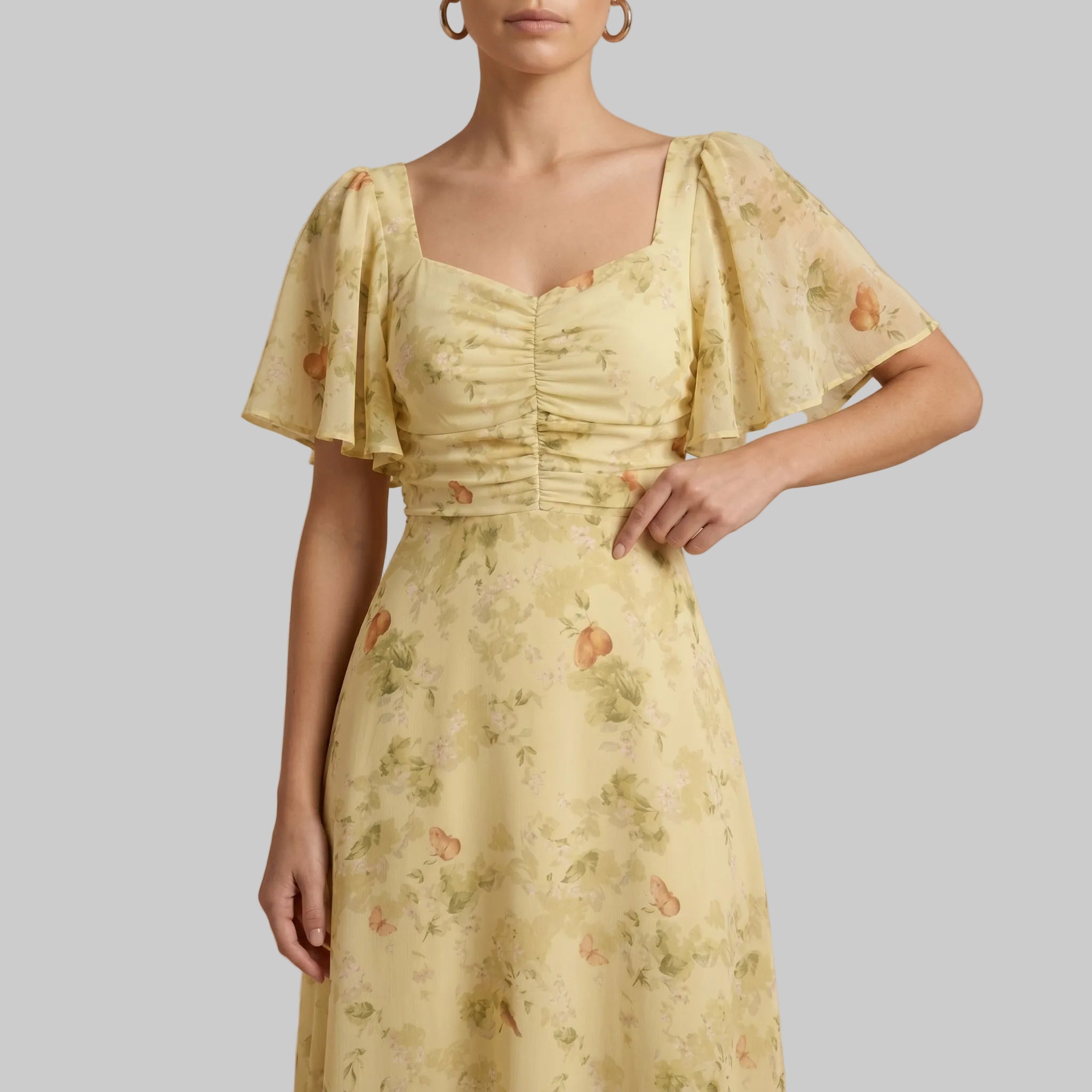 Alma - Women's Wedding Guest Vintage Floral Midi Dress - Dresses - Yellow - Davies & Cooper