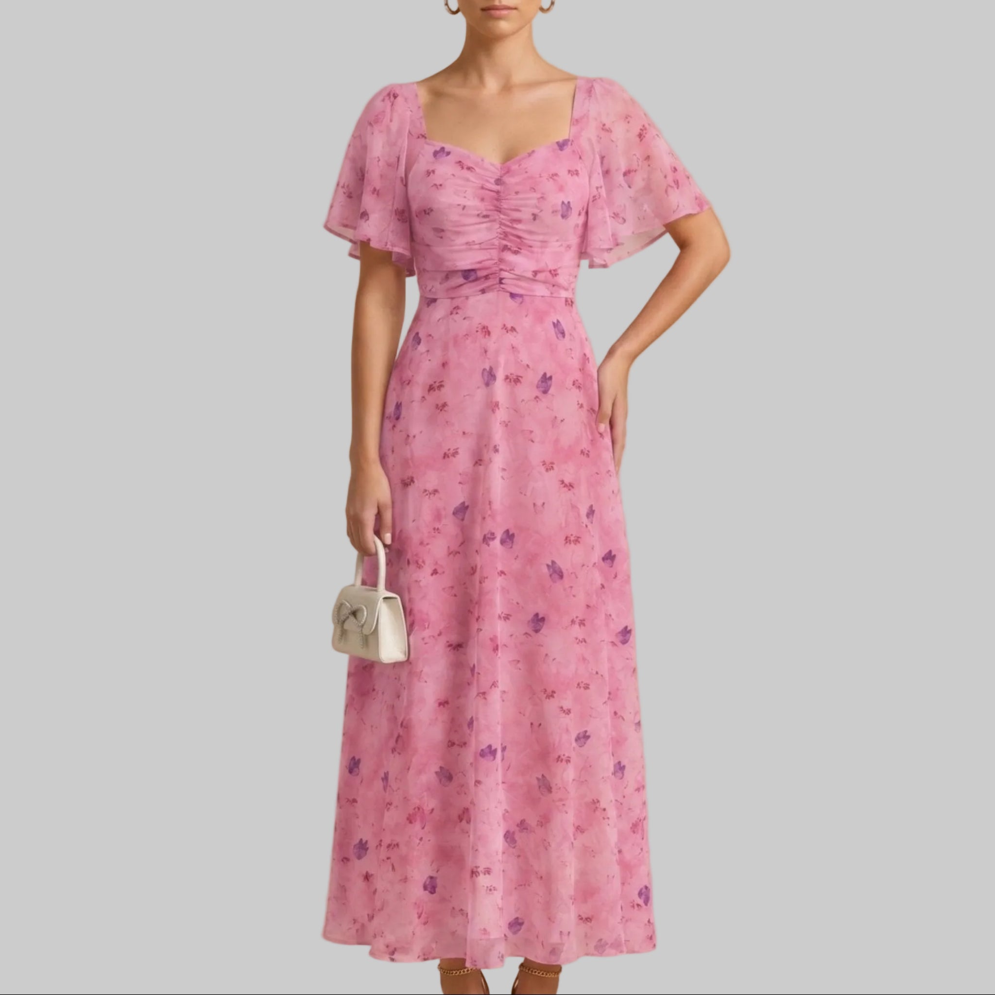 Alma - Women's Wedding Guest Vintage Floral Midi Dress - Dresses - Pink - Davies & Cooper