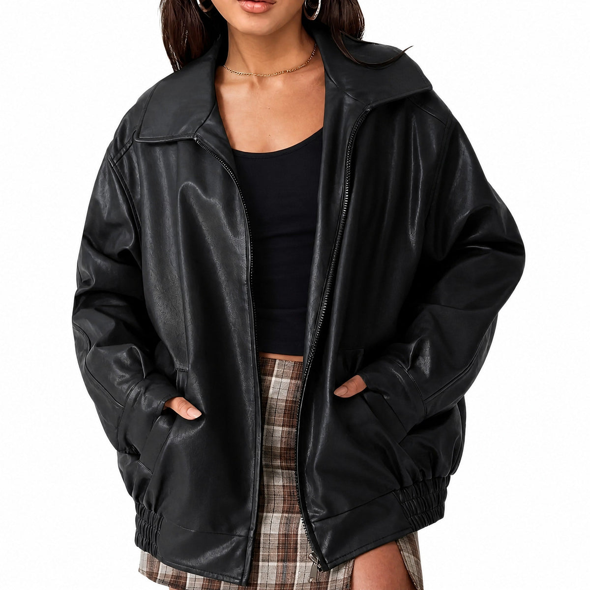 Althea - Women's Oversized Bomber Jacket with Zip Closure - Bomber Jackets - Black - Davies & Cooper