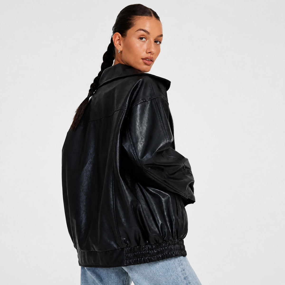 Althea - Women's Oversized Bomber Jacket with Zip Closure - Bomber Jackets - Black - Davies & Cooper