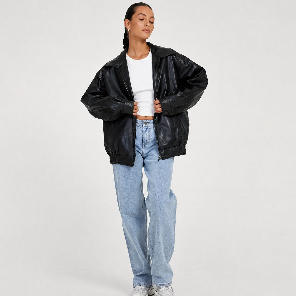 Althea - Women's Oversized Bomber Jacket with Zip Closure - Bomber Jackets - Black - Davies & Cooper