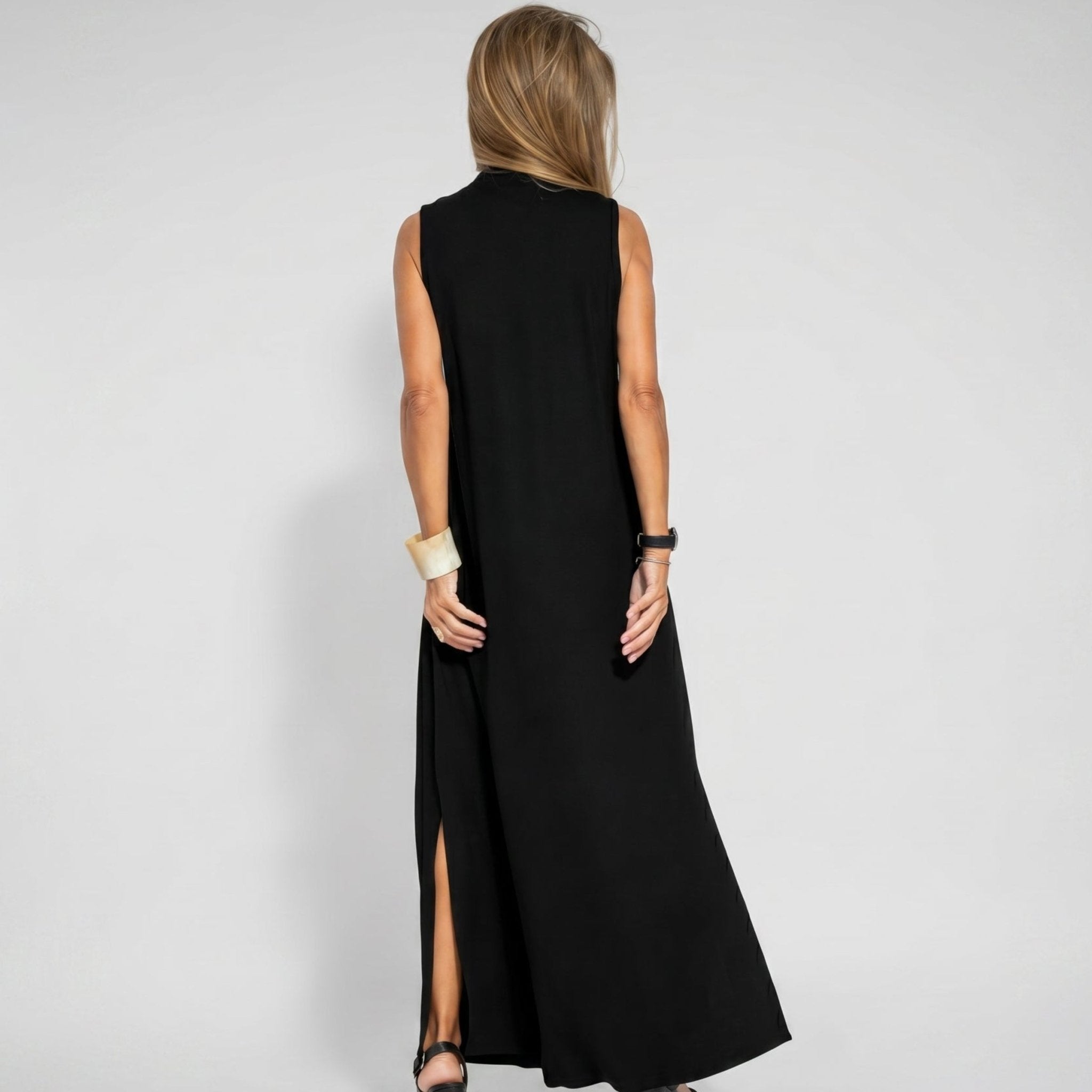 Alwine - Women's Sleeveless Pleated Summer Maxi Dress - Dresses - Black - Davies & Cooper
