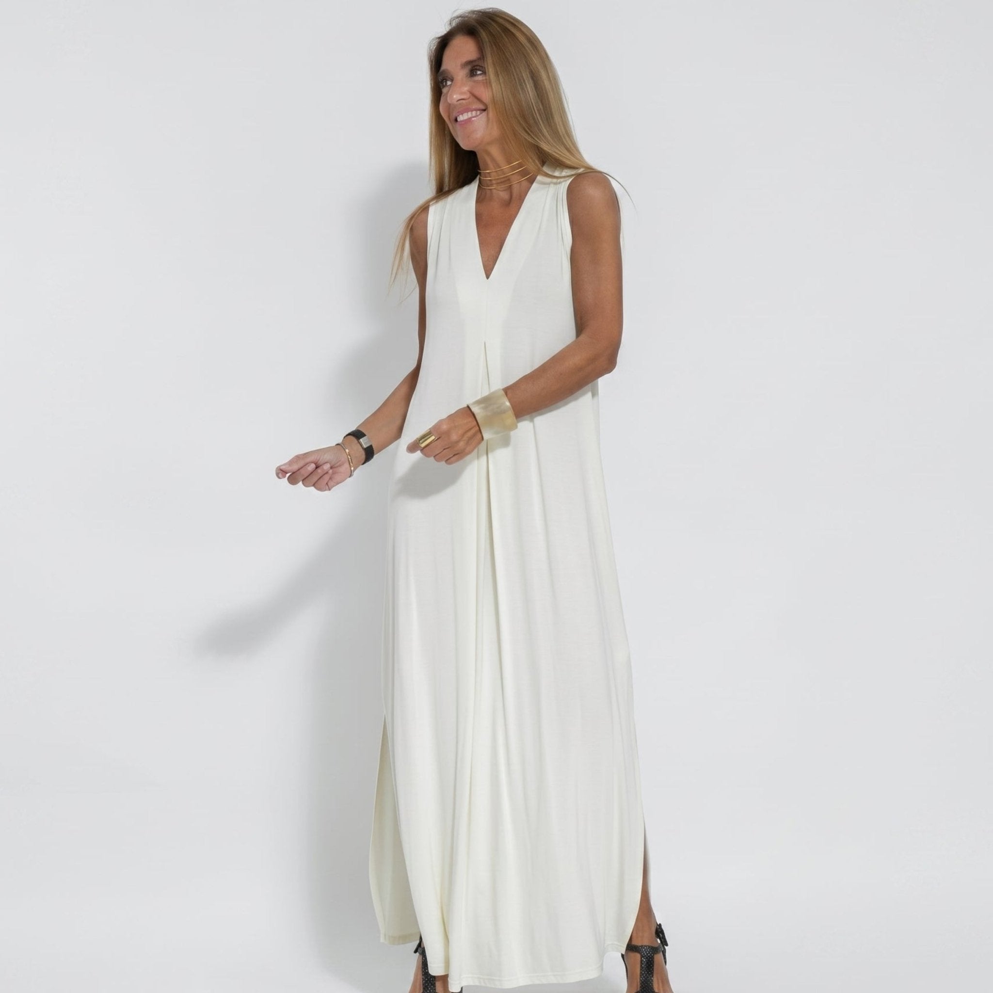 Alwine - Women's Sleeveless Pleated Summer Maxi Dress - Dresses - White - Davies & Cooper
