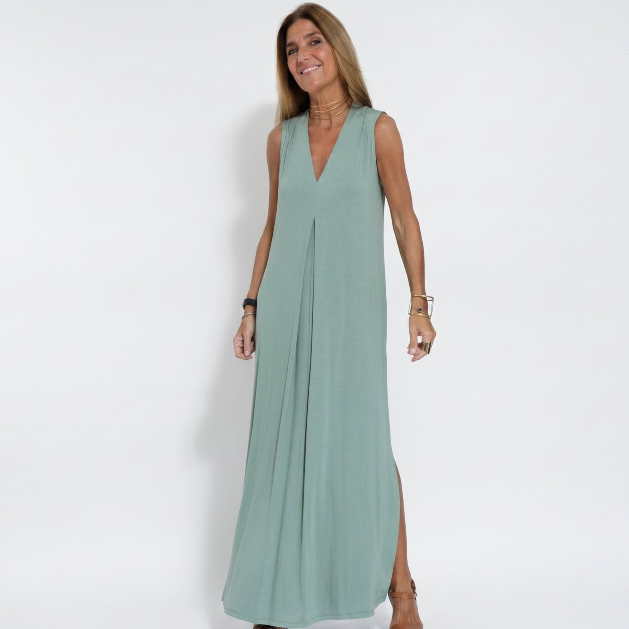 Alwine - Women's Sleeveless Pleated Summer Maxi Dress - Dresses - Light Green - Davies & Cooper