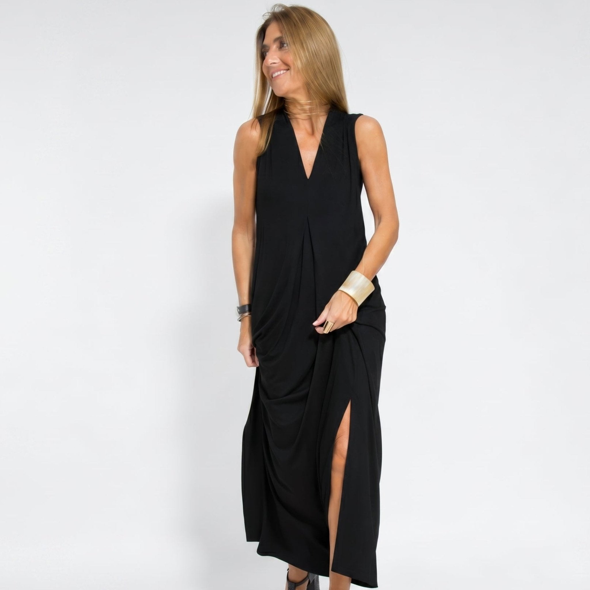 Alwine - Women's Sleeveless Pleated Summer Maxi Dress - Dresses - Black - Davies & Cooper