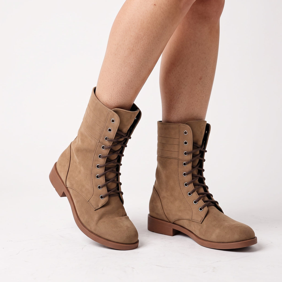 Ambre - Women's Lace-Up Mid-Calf Boots with Fold-Over Cuff - Boots - Tan - Davies & Cooper
