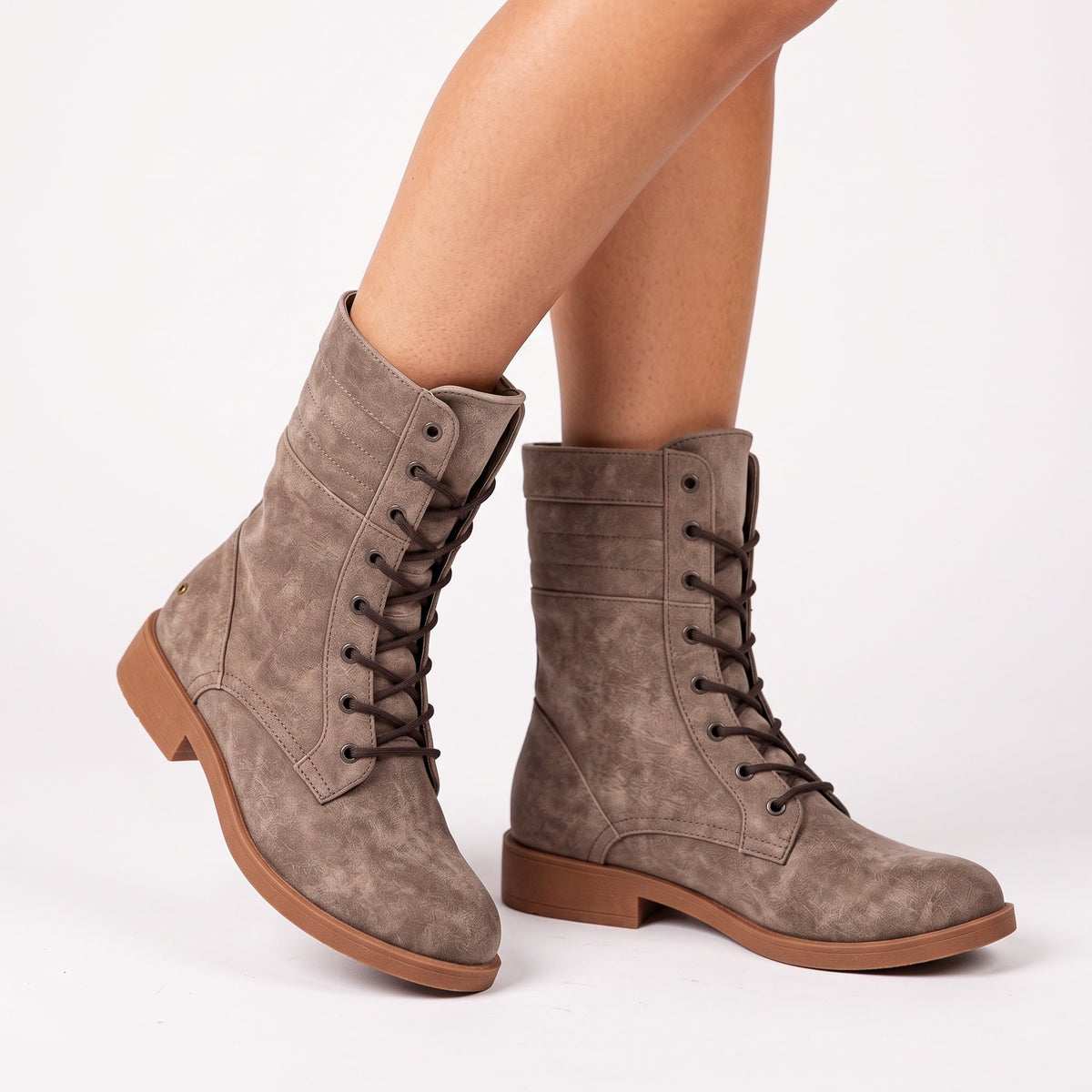 Ambre - Women's Lace-Up Mid-Calf Boots with Fold-Over Cuff - Boots - Taupe - Davies & Cooper