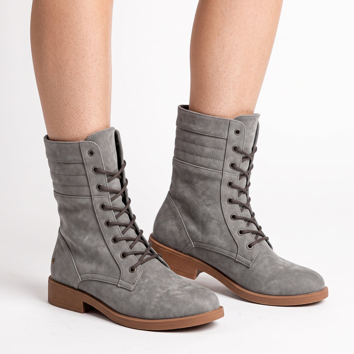 Ambre - Women's Lace-Up Mid-Calf Boots with Fold-Over Cuff - Boots - Grey - Davies & Cooper