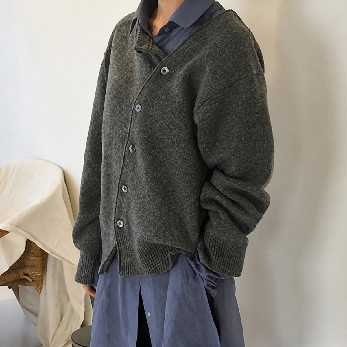 Amelia - Women's Asymmetric Button-Front Cardigan with Stand Collar - Cardigans - Grey - Davies & Cooper