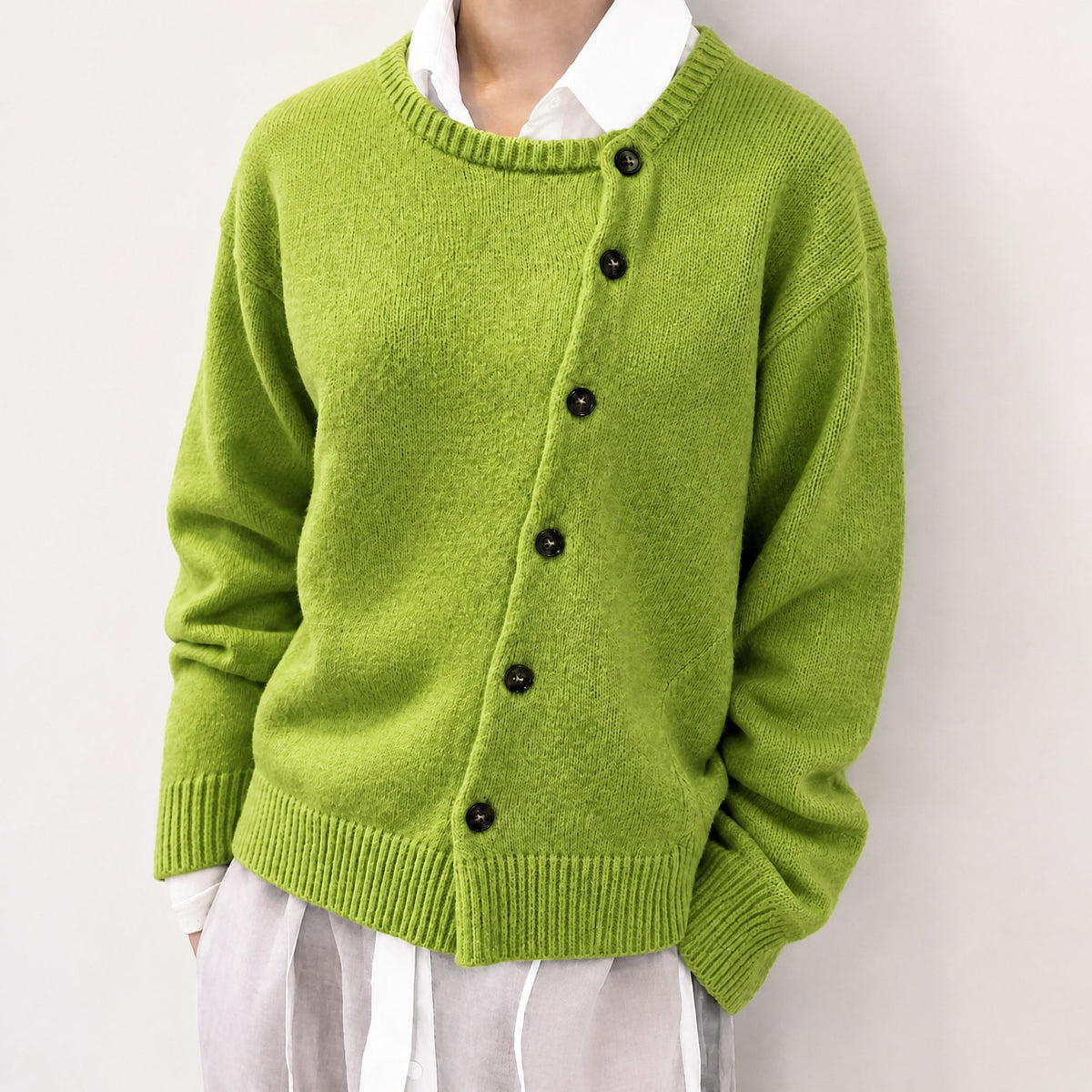 Amelia - Women's Asymmetric Button-Front Cardigan with Stand Collar - Cardigans - Green - Davies & Cooper