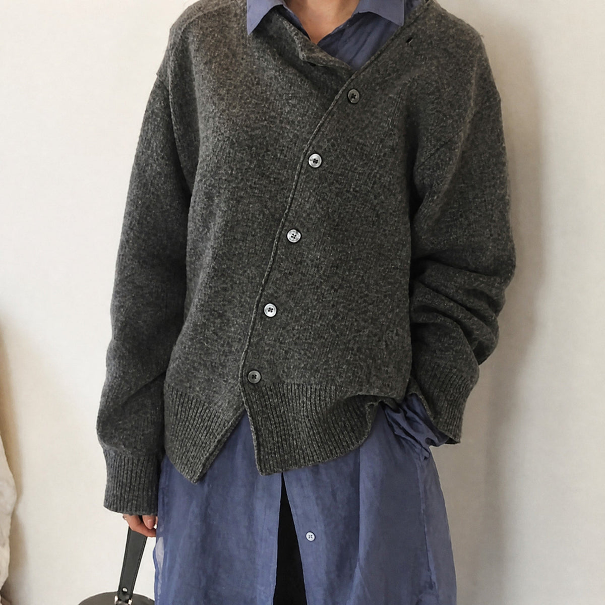 Amelia - Women's Asymmetric Button-Front Cardigan with Stand Collar - Cardigans - Grey - Davies & Cooper