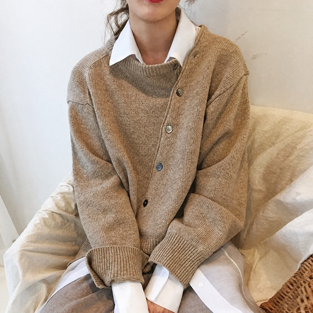 Amelia - Women's Asymmetric Button-Front Cardigan with Stand Collar - Cardigans - Khaki - Davies & Cooper