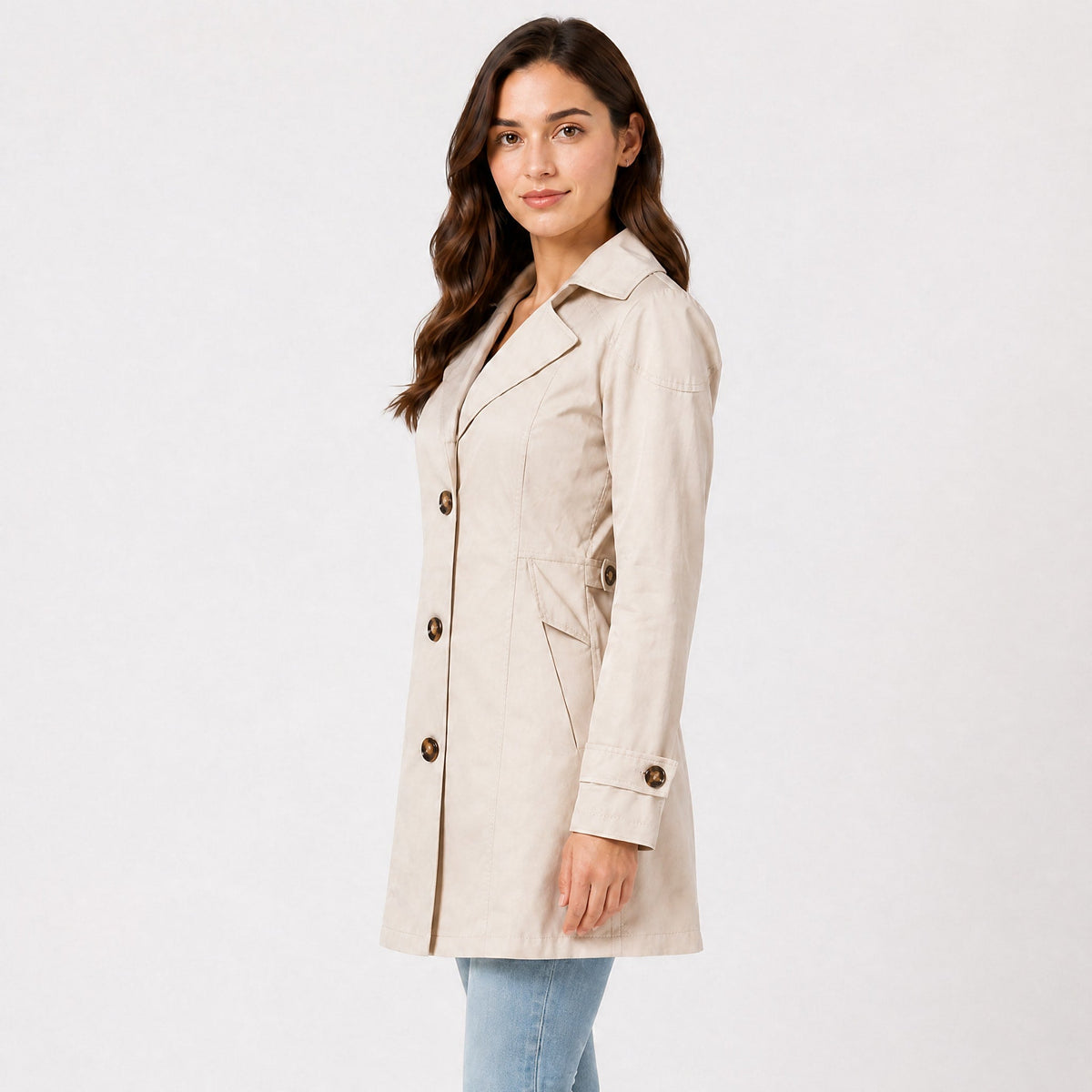 Amelia - Women's Belted Notch Lapel Trench Coat with Button Cuffs - Trench Coats - Beige - Davies & Cooper