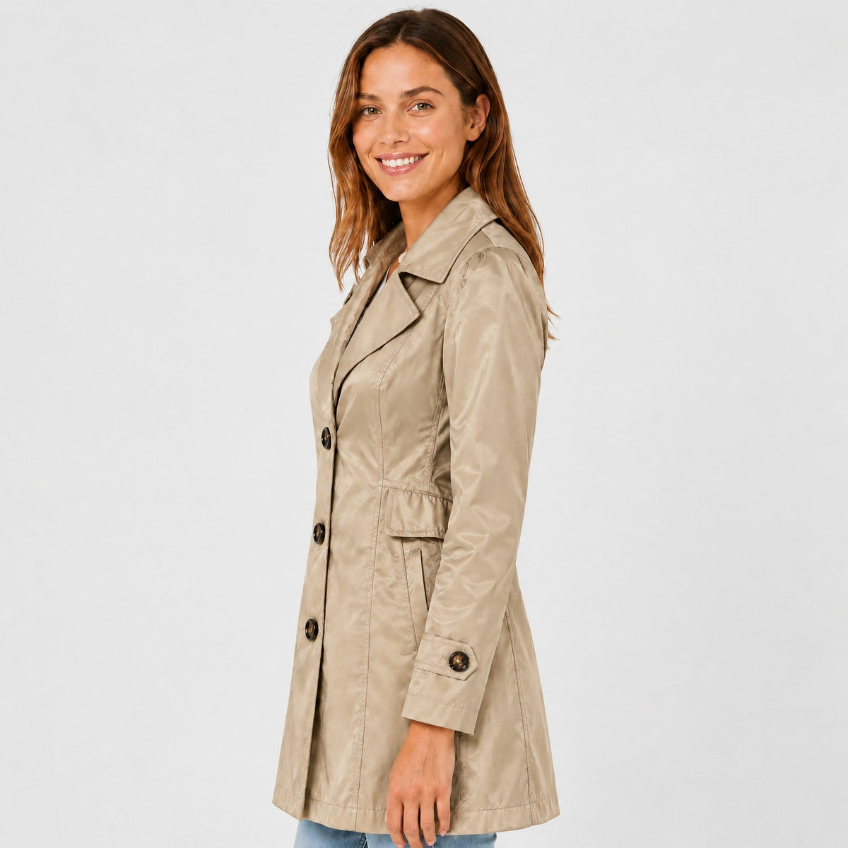 Amelia - Women's Belted Notch Lapel Trench Coat with Button Cuffs - Trench Coats - Khaki - Davies & Cooper