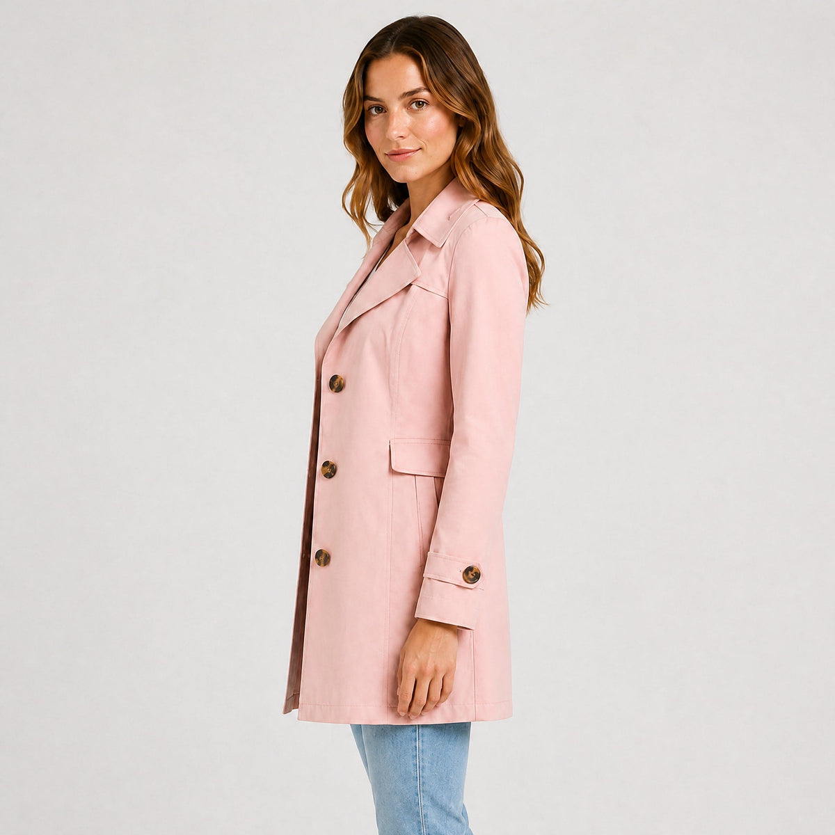 Amelia - Women's Belted Notch Lapel Trench Coat with Button Cuffs - Trench Coats - Pink - Davies & Cooper