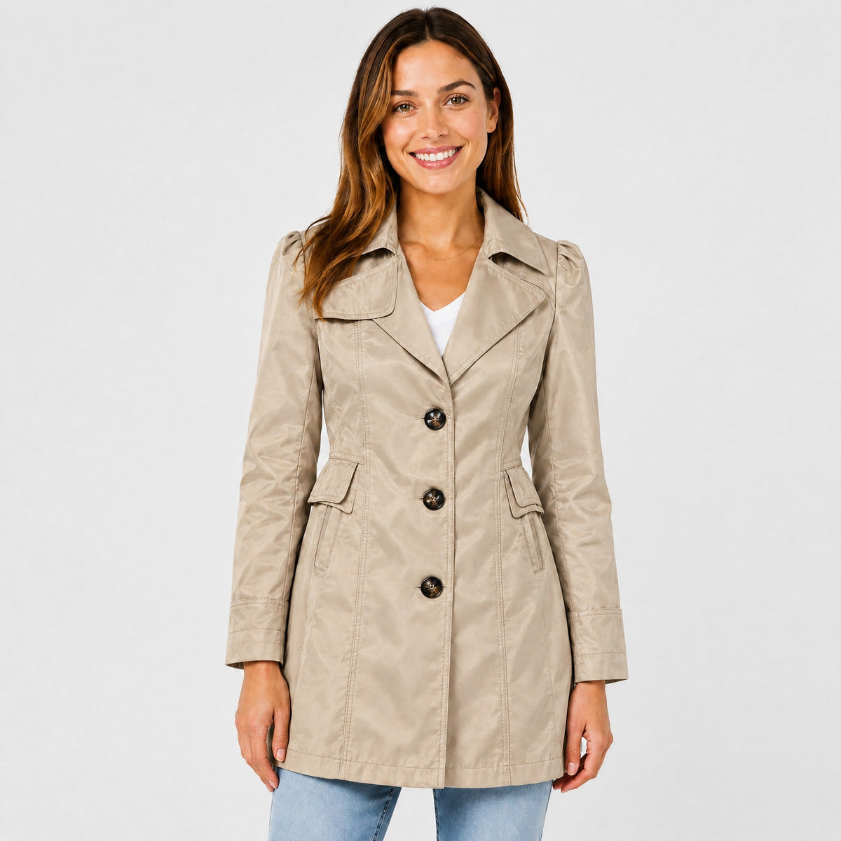 Amelia - Women's Belted Notch Lapel Trench Coat with Button Cuffs - Trench Coats - Khaki - Davies & Cooper