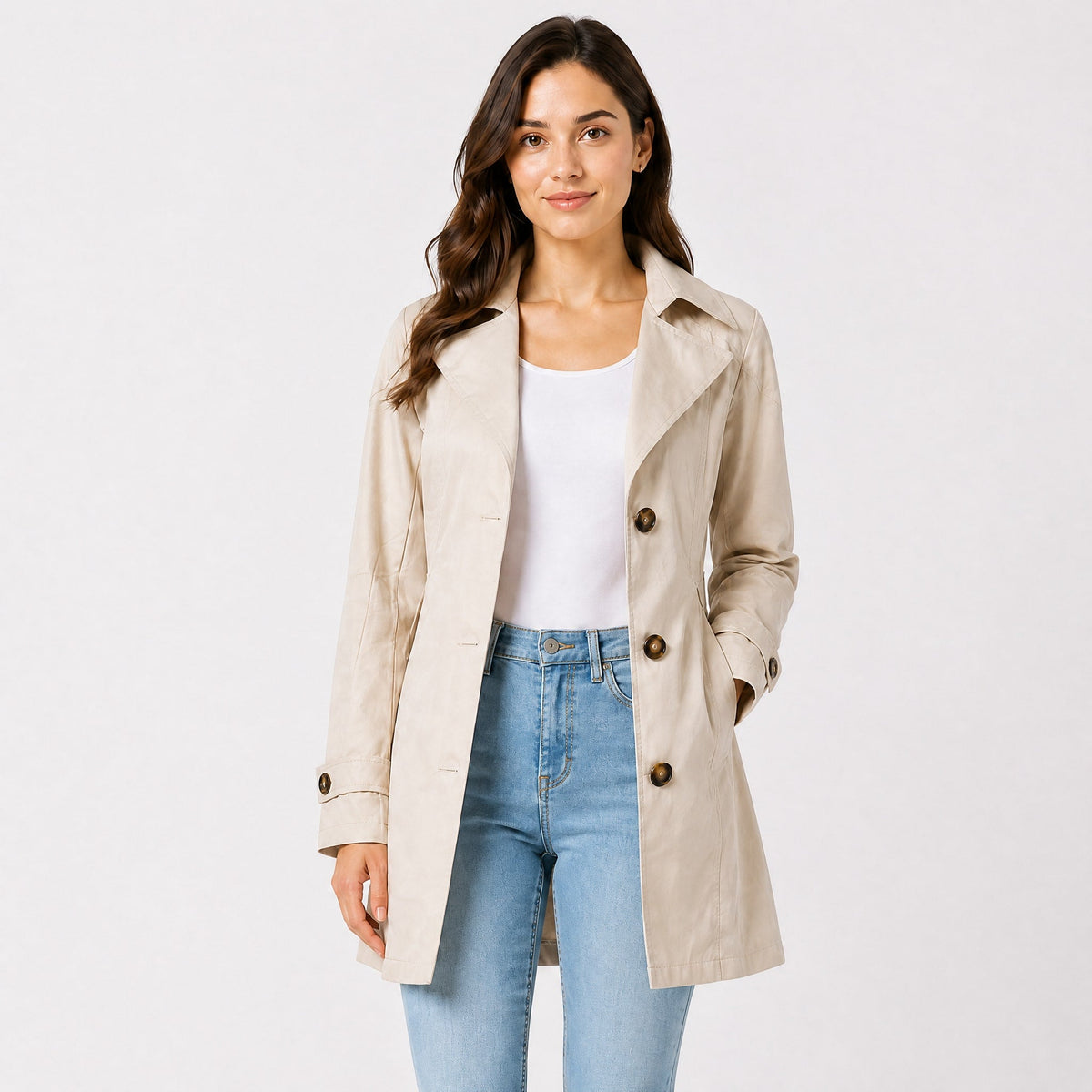 Amelia - Women's Belted Notch Lapel Trench Coat with Button Cuffs - Trench Coats - Beige - Davies & Cooper