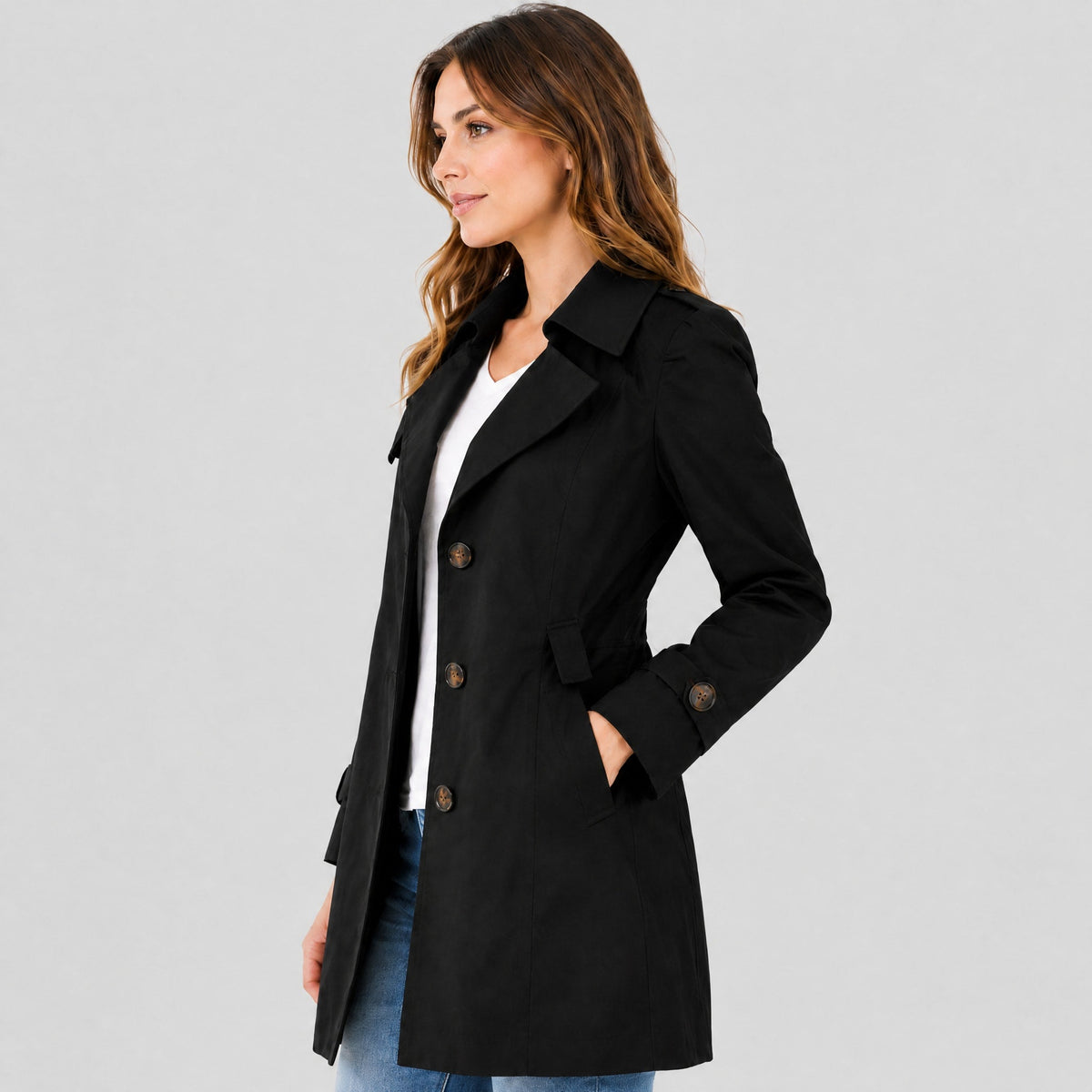 Amelia - Women's Belted Notch Lapel Trench Coat with Button Cuffs - Trench Coats - Black - Davies & Cooper