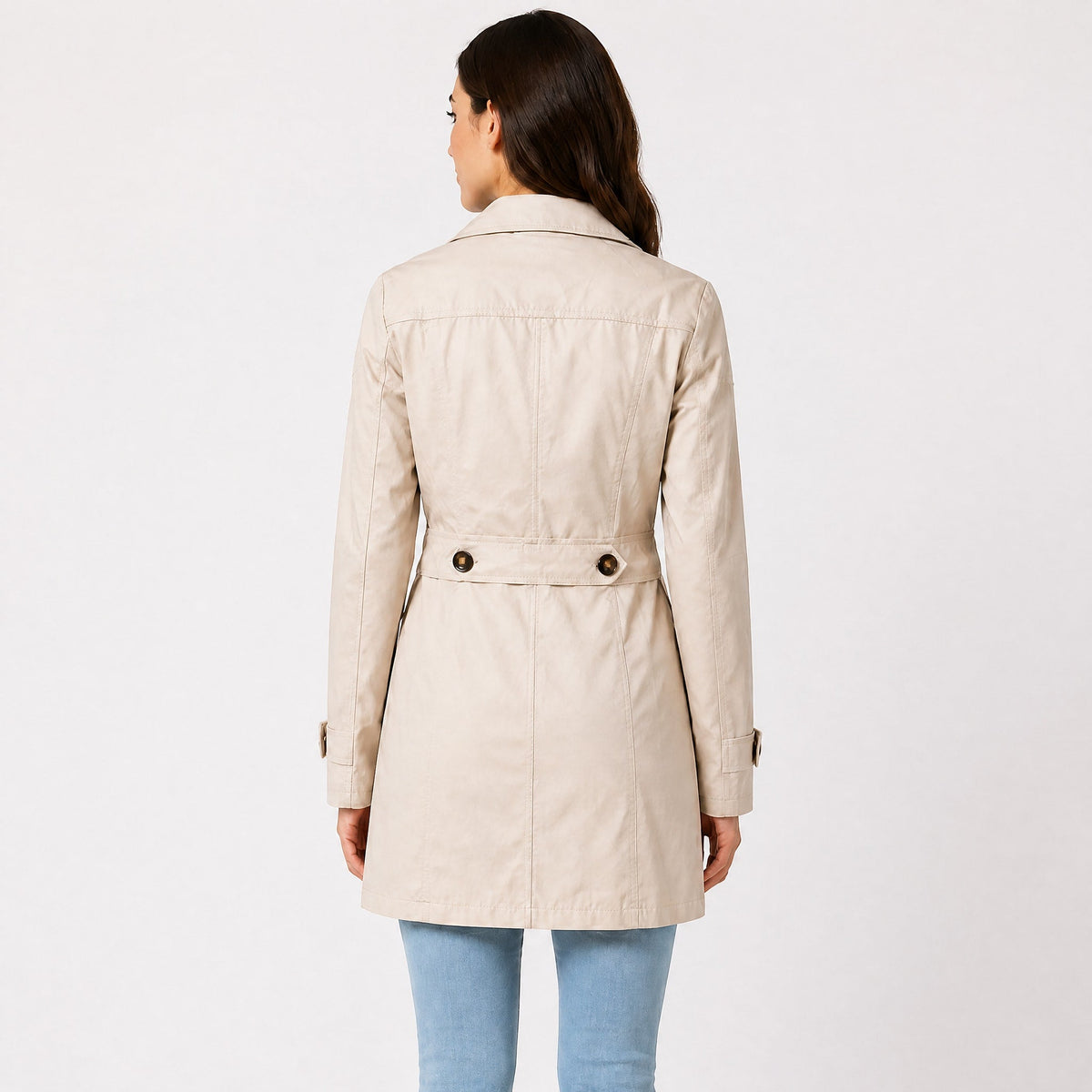Amelia - Women's Belted Notch Lapel Trench Coat with Button Cuffs - Trench Coats - Beige - Davies & Cooper