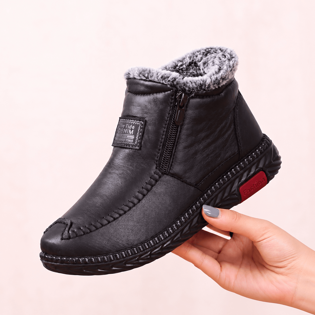 Amelia - Women's Fur Lined Orthopaedic Ankle Boots with Side Zip - Boots - Black - Davies & Cooper